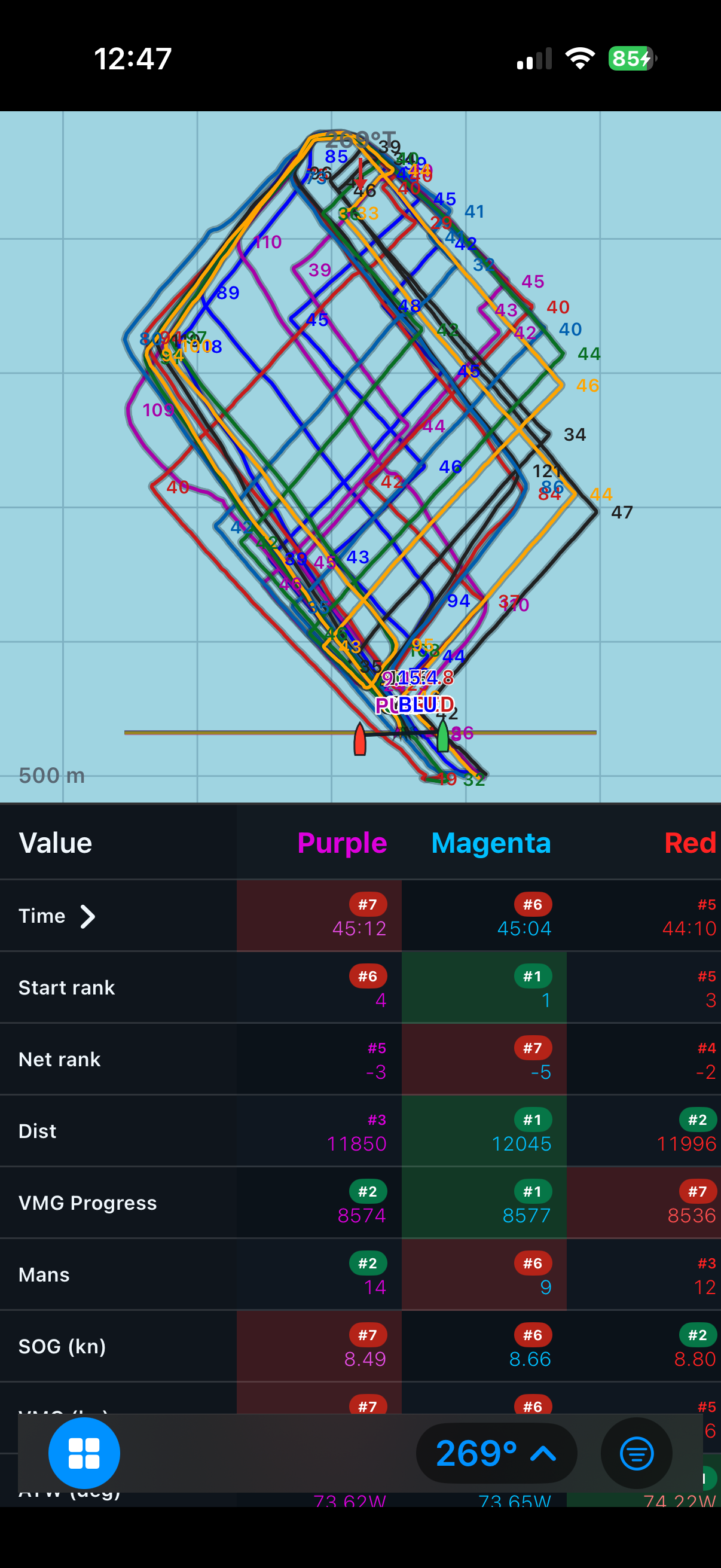 SailViewer on iPhone showing race tracks and comparison values