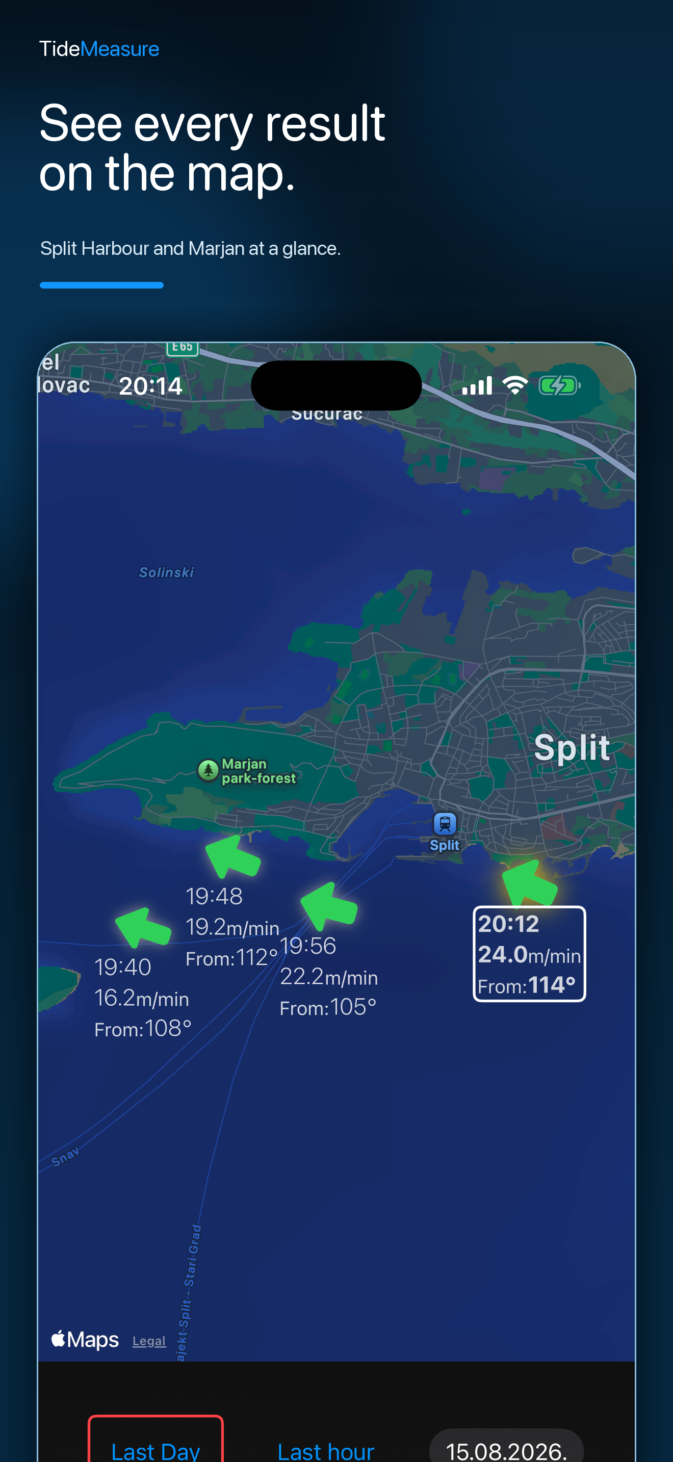 Existing TideMeasure artwork showing saved measurements on the map